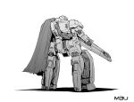  1other cloak coat diva_duo_(mechanical_buddy_universe) gun highres holding holding_gun holding_weapon ishiyumi mecha mechanical_buddy_universe monochrome no_humans robot science_fiction weapon 