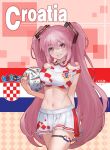  1girl 2022_fifa_world_cup alternate_costume alternate_hair_color croatia croatian_flag crop_top hatsune_miku highres jokanhiyou midriff miniskirt skirt soccer solo tagme vocaloid world_cup 