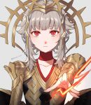  1girl armor black_dress dress fire_emblem fire_emblem_heroes gold_trim highres looking_at_viewer official_alternate_costume peach11_01 red_eyes short_hair_with_long_locks solo straight-on tiara veronica_(fire_emblem) white_hair 
