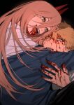  1boy 1girl absurdres black_background blonde_hair blood blood_from_mouth blood_on_clothes blood_on_face blood_on_hands blue_jacket chainsaw_man collared_shirt dark_background denji_(chainsaw_man) hair_between_eyes highres horns hug jacket jacket_partially_removed li_chestnuts looking_at_another nosebleed open_mouth power_(chainsaw_man) red_horns sharp_teeth shirt short_hair smile teeth white_shirt yellow_eyes 