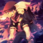  1boy 1girl :d akari_(pokemon) blue_kimono blue_pants bruise bruise_on_face carrying closed_eyes hat highres injury japanese_clothes kimono open_mouth outdoors pants piggyback pokemon pokemon_(game) pokemon_legends:_arceus red_headwear red_scarf rei_(pokemon) sawarabi_(sawarabi725) scarf signature smile standing sweatdrop white_headwear 