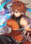  1girl bare_shoulders breasts brown_eyes brown_hair dress dungeon_and_fighter dynamic_pose fighter_(dungeon_and_fighter) fingerless_gloves gloves hungry_clicker large_breasts long_hair martial_arts orange_dress pantyhose ponytail red_gloves ribbed_dress sleeveless smile solo toned very_long_hair 