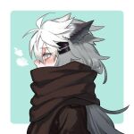  1girl animal_ears aqua_background arknights blush breath from_side grey_eyes hair_between_eyes hair_ornament hairclip kuroda_(nanchara_flight) lappland_(arknights) long_hair scar scar_across_eye scar_on_face scarf solo upper_body white_background white_hair wolf_ears wolf_girl 