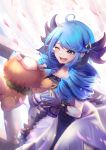  1girl :d bangs black_dress blue_hair blush bow dress drill_hair gloves gnar_(league_of_legends) green_eyes grey_dress gwen_(league_of_legends) hair_ornament happy highres league_of_legends looking_at_another momikodayo one_eye_closed purple_bow purple_gloves shiny shiny_hair smile teeth twin_drills twintails upper_teeth yordle 