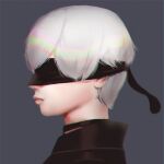  1boy black_choker black_jacket blindfold choker closed_mouth commentary_request from_side grey_background grey_hair hair_over_eyes highres jacket kuro_kosyou male_focus nier_(series) nier_automata profile simple_background solo upper_body yorha_no._9_type_s 