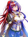  1girl alear_(fire_emblem) alear_(fire_emblem)_(female) bangs blue_eyes blue_hair braid breasts crossed_bangs crown_braid fire_emblem fire_emblem_engage heterochromia large_breasts long_hair multicolored_hair red_eyes red_hair simple_background solo split-color_hair to_(tototo_tk) very_long_hair white_background 