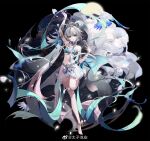  1girl bare_shoulders barefoot chain dancing gem green_eyes highres long_hair looking_at_viewer luo_tianyi pearl_(gemstone) see-through see-through_sleeves semi-transparent smile solo taiz22 vocaloid weibo_id white_hair 