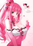  1girl bangs bare_shoulders black_eyes blush breasts cleavage cup dracule_mihawk dress drill_hair elbow_gloves ghost gloves hair_ornament hat hat_feather heart high_ponytail holding holding_cup joman large_breasts long_hair looking_at_viewer one_piece open_mouth perona pink_dress pink_gloves pink_hair pink_ribbon ribbon sidelocks sleeveless sleeveless_dress twitter_username two-tone_dress upper_body 