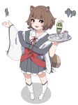  1girl :d animal_ear_fluff animal_ears bangs blunt_bangs blush brown_eyes brown_hair collared_shirt commentary_request cup dress_shirt full_body grey_skirt hands_up highres holding holding_tray kneebar kuro_kosyou long_sleeves looking_at_viewer mug neck_ribbon original parfait pleated_skirt red_ribbon ribbon shadow shikigami shirt short_eyebrows simple_background skirt smile solo spoon standing tail thick_eyebrows translation_request tray white_background white_footwear white_shirt wide_sleeves 