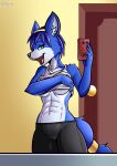  abs anthro blue_body blue_fur canid canine cel_shading cellphone clothed clothing clothing_lift female fours_(artist) fox fur green_eyes hi_res krystal mammal nintendo phone selfie shaded shirt shirt_lift solo spats star_fox tank_top topwear video_games 