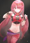  1girl alternate_costume alternate_hairstyle bangs blunt_bangs breasts crop_top earrings eyes_visible_through_hair gem grey_background groin hair_over_one_eye harem_outfit highres jewelry kuro_okami looking_at_viewer midriff navel parted_lips pink_hair ram_(re:zero) re:zero_kara_hajimeru_isekai_seikatsu red_eyes red_gemstone shiny shiny_hair short_hair small_breasts solo standing stomach transparent veil 