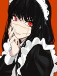  1girl black_hair black_nails chainsaw_man cross_scar frilled_sleeves frills hand_on_own_cheek hand_on_own_face long_hair looking_at_viewer maid maid_headdress orange_background red_eyes ringed_eyes sailen0 scar scar_on_face simple_background solo yoru_(chainsaw_man) 