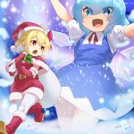  2girls absurdres araki_(qbthgry) belt blonde_hair blue_bow blue_dress blue_eyes blue_hair blush boots bow brown_belt cirno collared_shirt detached_wings dress elbow_gloves fairy fang gloves hair_between_eyes hair_bow hair_ribbon hat highres holding holding_sack ice ice_wings multiple_girls open_mouth puffy_short_sleeves puffy_sleeves red_eyes red_footwear red_gloves red_headwear red_ribbon ribbon rumia sack santa_costume santa_hat shirt short_hair short_sleeves skin_fang smile touhou white_shirt wings 
