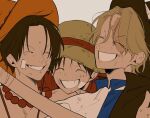  3boys ascot bandaid bandaid_on_cheek bandaid_on_face black_hair black_headwear blonde_hair blue_shirt brothers bruise closed_eyes collared_shirt elasticity freckles goggles goggles_on_headwear grin hat injury male_focus monkey_d._luffy multiple_boys numata_(oioioioiai) one_piece orange_headwear portgas_d._ace red_shirt sabo_(one_piece) scar scar_across_eye scar_on_cheek scar_on_face shirt siblings simple_background smile straw_hat teeth topless_male upper_body 