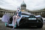  absurdres alternate_costume animal_ear_headphones animal_ears arkhangelsk_(azur_lane) azur_lane car cat_ear_headphones cathedral character_name copyright_name fake_animal_ears full_body ground_vehicle headphones headset high_heels highres jacket kazan_cathedral kcar66t license_plate marussia marussia_b3 motor_vehicle off_shoulder product_placement race_queen real_world_location russia saint_petersburg sports_car thighhighs 