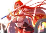  1girl boudica_(fate) boudica_(third_ascension)_(fate) breasts cloak crown fate/grand_order fate_(series) green_eyes holding holding_sword holding_weapon large_breasts long_hair red_hair shiime solo sword weapon 
