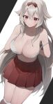  1girl :o absurdres arms_behind_back bangs bare_shoulders bow bra breasts cleavage collarbone commentary grey_hair hair_between_eyes hair_bow hair_flaps highres large_breasts long_bangs long_hair looking_at_viewer lvemhrd miniskirt original panties panties_around_knees peeking pleated_skirt pov red_bow red_eyes red_skirt rubber_duck simple_background skirt solo standing strap_slip thighs underwear undressing very_long_hair white_background white_bra white_panties 