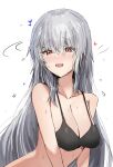  1girl :d arknights bare_arms bare_shoulders bikini black_bikini breasts cleavage collarbone commentary_request grey_background grey_hair heart highres large_breasts long_hair looking_at_viewer motion_lines open_mouth raw_egg_lent red_eyes sharp_teeth simple_background smile solo specter_(arknights) swimsuit teeth upper_body upper_teeth very_long_hair wet 