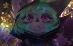  4girls artist_name backlighting black_hoodie black_nails ears_through_headwear fingernails green_hair highres hood hoodie horace_h league_of_legends lulu_(league_of_legends) multiple_girls nail_polish outdoors parted_lips poppy_(league_of_legends) purple_eyes sharp_fingernails short_hair solo_focus teeth tristana upper_body vex_(league_of_legends) yordle 