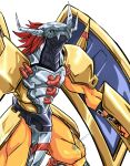  armor digimon digimon_(creature) helmet highres horns long_hair nanttins no_humans red_hair signature simple_background wargreymon white_background wings 
