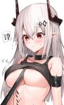  !? 1girl arknights armband bangs bare_shoulders blush breasts commentary_request hair_between_eyes highres horns large_breasts long_hair mudrock_(arknights) oripathy_lesion_(arknights) pointy_ears raw_egg_lent red_eyes solo sports_bra translated underboob upper_body very_long_hair white_hair 