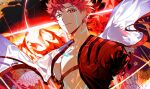  1boy absurdres bangs closed_mouth disintegration eeju emiya_shirou fate/grand_order fate_(series) floral_print highres igote light looking_at_viewer male_focus red_hair senji_muramasa_(fate) smile solo twitter_username upper_body yellow_eyes 