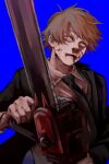  1boy absurdres black_jacket black_necktie blonde_hair blood blood_on_clothes blood_on_face blue_background chainsaw chainsaw_man collared_shirt denji_(chainsaw_man) formal highres holding holding_chainsaw holding_weapon jacket looking_at_viewer nakano_(2_mannaka) necktie nosebleed shirt short_hair simple_background solo suit weapon white_shirt yellow_eyes 