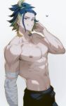  abs adaman_(pokemon) arm_wrap bara blonde_hair blue_hair chariko earrings eyebrow_cut heart jewelry male_focus mature_male muscular muscular_male neck_ring nipples pectorals pokemon pokemon_(game) pokemon_legends:_arceus scar scar_on_arm scar_on_chest toned toned_male topless_male 