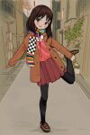  1girl :d alley azumanga_daioh azumanga_daioh&#039;s_school_uniform bangs black_pantyhose blush brown_eyes brown_footwear checkered_clothes checkered_scarf commentary english_commentary eyebrows_hidden_by_hair film_grain full_body head_tilt highres holding_own_foot io_(onisarashi) kasuga_ayumu leg_up loafers long_hair long_sleeves looking_at_viewer multicolored_clothes multicolored_scarf open_clothes outdoors pantyhose parted_lips pleated_skirt scarf school_uniform shoes skirt smile solo standing standing_on_one_leg tareme 