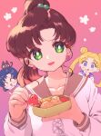  3girls bishoujo_senshi_sailor_moon black_cat blonde_hair blue_eyes blue_hair blue_sailor_collar bow brown_sailor_collar cat closed_eyes earrings food green_eyes highres holding_bento jewelry kino_makoto luna_(sailor_moon) mizuno_ami multiple_girls open_mouth pink_background red_bow sailor_collar school_uniform short_hair tsukino_usagi yyemoyy 