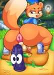  absurd_res animate_inanimate anthro backsack balls big_butt bottomless butt clothed clothing conker conker&#039;s_bad_fur_day dildo fur genitals girly hi_res hoodie male mammal multicolored_body multicolored_fur pkfirefawx rareware rodent sciurid sex_toy thick_thighs topwear two_tone_body two_tone_fur video_games 