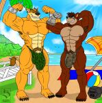  activision anthro barefoot beach big_penis clothing crash_bandicoot_(series) crunch_bandicoot duo feet flexing fur genitals hi_res male male/male penis seaside sondinker_fazbear&#039;s thong tiny_tiger underwear video_games 