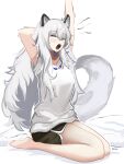  1girl animal_ears arknights barefoot blush breasts highres jewelry leopard_ears leopard_girl leopard_tail long_hair necklace open_mouth pramanix_(arknights) seiza shirt simple_background sitting small_breasts solo stretching t-shirt tail tofudofu very_long_hair white_background white_shirt yawning 