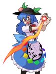  1girl :d absurdres black_headwear blue_hair blue_skirt center_frills eddybird55555 english_commentary food frills fruit highres hinanawi_tenshi holding holding_sword holding_weapon leaf long_hair looking_at_viewer open_mouth parody peach rainbow_order red_eyes ringed_eyes shirt short_sleeves simple_background skirt smile solo style_parody sword sword_of_hisou touhou vanripper_(style) weapon white_background white_shirt 