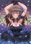  1girl armpits arms_up black_gloves blue_eyes blush breasts brown_hair cleavage dress falling_petals flower gloves hair_flower hair_ornament highres idolmaster idolmaster_cinderella_girls kantachi large_breasts light_smile long_hair looking_at_viewer own_hands_together petals sagisawa_fumika solo straight_hair strapless strapless_dress 