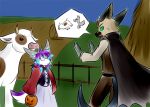  anthro bovid bovine canid canine cape cattle chiropteran clothing dialogue duo fairy_tales farm female fence fennec food fox fruit hair halloween hay hay_bale holidays jessica_whiteclawz little_red_riding_hood_(copyright) male male/female mammal plant pumpkin purple_hair pushing simple_background speech_bubble tetsushi 