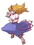  1girl :d absurdres blonde_hair blue_skirt breasts brown_footwear cuffs eddybird55555 english_commentary full_body geta highres horns hoshiguma_yuugi large_breasts long_hair looking_at_viewer oni_horns open_mouth parody pointy_ears red_eyes red_horns ringed_eyes shackles shirt simple_background single_horn skirt smile solo star_(symbol) style_parody touhou vanripper_(style) white_background white_shirt 