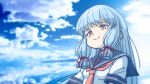  blue_sailor_collar blue_sky closed_mouth cloud commentary_request dress grey_hair hair_ribbon highres kantai_collection long_hair murakumo_(kancolle) necktie orange_eyes photo_background red_necktie red_ribbon ribbon sailor_collar sailor_dress shin_(shin_k009) short_sleeves sky tress_ribbon 