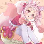  1girl ahoge animal_ears bow capelet cat_ears cat_girl commentary delicious_party_precure hikimayu kome-kome_(precure) kome-kome_(precure)_(human) meguru_(dagmin) open_mouth pink_bow pink_eyes pink_hair precure solo thick_eyebrows thighhighs twintails zettai_ryouiki 