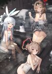  3girls absurdres ass bangs bare_shoulders blue_archive blurry blurry_background blush bow_hairband breasts brown_hair cherino_(blue_archive) cherino_(hot_spring)_(blue_archive) chinatsu_(blue_archive) chinatsu_(hot_spring)_(blue_archive) cleavage e_buki glasses glint grey_hair hair_bun hairband highres holding holding_eyewear japanese_clothes kimono long_hair looking_at_viewer medium_breasts multiple_girls naked_towel nodoka_(blue_archive) nodoka_(hot_spring)_(blue_archive) off_shoulder one-piece_swimsuit onsen open_mouth outdoors partially_submerged pointy_ears red_eyes short_hair sitting small_breasts smile snow snowman soaking_feet swimsuit towel water white_one-piece_swimsuit yellow_eyes 