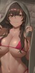  1girl absurdres bangs bare_shoulders bikini blush breasts brown_hair cleavage collarbone free_style_(yohan1754) green_eyes highres large_breasts long_hair looking_at_viewer low_twintails micro_bikini navel original pink_bikini smile solo swimsuit twintails 