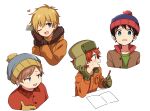  3: 4boys animification black_hair blonde_hair blue_eyes blush breast_pocket brown_gloves coat eric_cartman gloves green_eyes green_headwear green_shirt hair_between_eyes haizai hat heart high_collar hood hoodie jacket kenny_mccormick kyle_broflovski long_sleeves male_child male_focus multiple_boys one_eye_closed paper pencil pocket red_hair shirt simple_background smile south_park stan_marsh sweatdrop white_background yellow_gloves 