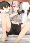  1girl absurdres bare_legs barefoot bed_sheet black_nails black_shorts blush breasts brown_hair character_doll closed_mouth commission eyelashes fang feet foot_out_of_frame girls&#039;_frontline hair_ornament highres holding kuzumotsu legs long_hair looking_at_viewer lying m4_sopmod_ii_(girls&#039;_frontline) mechanical_hands medium_breasts midriff multicolored_hair nail_polish navel on_back pillow red_eyes red_hair ro635_(girls&#039;_frontline) shadow shirt short_sleeves shorts sidelocks skeb_commission skin_fang solo streaked_hair thighs tied_shirt toenail_polish toenails toes 