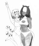 absurd_res anthro big_breasts bodily_fluids breasts civet clothing collarbone covered_eyes duo efradraws female fur gesture graphite_(artwork) hi_res mammal mephitid multicolored_body multicolored_fur pencil_(artwork) sketch skunk sweat swimwear tail_motion tailwag traditional_media_(artwork) two_tone_body two_tone_fur v_sign viverrid 
