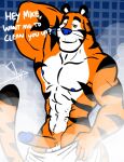  2012 abs anthro balls bgn english_text erection felid frosted_flakes genitals hi_res kellogg&#039;s male mammal mascot muscular muscular_anthro muscular_male nipples nude offscreen_character offscreen_male pantherine pecs penis shower signature solo steam text tiger tony_the_tiger towel 