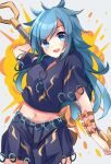  1girl arm_strap bangs blue_eyes blue_hair bow breasts collared_shirt commentary_request cowboy_shot explosion gold grey_shirt highres himemushi_momoyo holding holding_shovel jewelry long_hair meimei_(meimei89008309) messy messy_hair midriff multiple_rings navel one-hour_drawing_challenge open_mouth orange_bow orange_ribbon patterned_clothing pleated_skirt ribbon ring shirt short_sleeves shovel skirt skirt_set small_breasts solo teeth touhou upper_teeth very_long_hair 