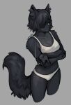  anthro black_body black_fur black_hair blue_eyes bra canid canine cigarette cigarette_smoke clothing crossed_arms eye_patch eyewear female fluffy fluffy_tail fur grey_background hair hi_res inner_ear_fluff lingerie mammal panties simple_background smoking_cigarette solo spuydjeks tuft underwear 