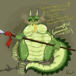  anthro belly breasts bulge digestion digestion_noises female female_pred hi_res lizard melee_weapon polearm reptile scalie spear text tongue tongue_out undifinder vore weapon 
