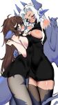  2girls animal_ears bangs bare_arms bare_shoulders black_dress black_thighhighs blue_eyes breasts brown_hair cleavage closed_mouth clothing_cutout collarbone colored_sclera curly_hair dark-skinned_female dark_skin demon_tail dragon dragon_girl dress embarrassed eyelashes floppy_ears hair_between_eyes hand_up highres horns hug large_breasts lizard lizard_tail long_hair looking_at_another medium_breasts mirra monster_girl multiple_girls neck open_clothes open_mouth original pale_skin pfufu pointy_ears reptile_girl scales see-through see-through_dress sideboob simple_background skye sleeveless sleeveless_dress smile standing tail thighhighs twitter_username very_long_hair white_background winged_arms wings wyvern 