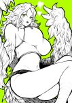  1girl absurdres bangs bare_shoulders breasts clothes clothes_writing feathered_wings feathers green_background green_eyes green_theme greyscale_with_colored_background harpy heart highres large_breasts long_hair messy_hair midriff monet_(one_piece) monster_girl navel one_piece open_mouth solo sports_bra spot_color teeth thighs tongue upper_teeth very_long_hair winged_arms wings yotsumi_shiro 